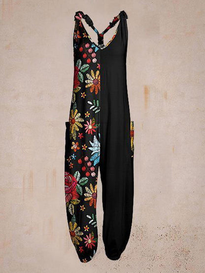 Womens Summer Flower Pattern Sleeveless Harem Jumpsuit