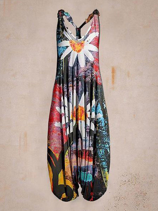 Women Summer Floral Pattern Black Harem Jumpsuit