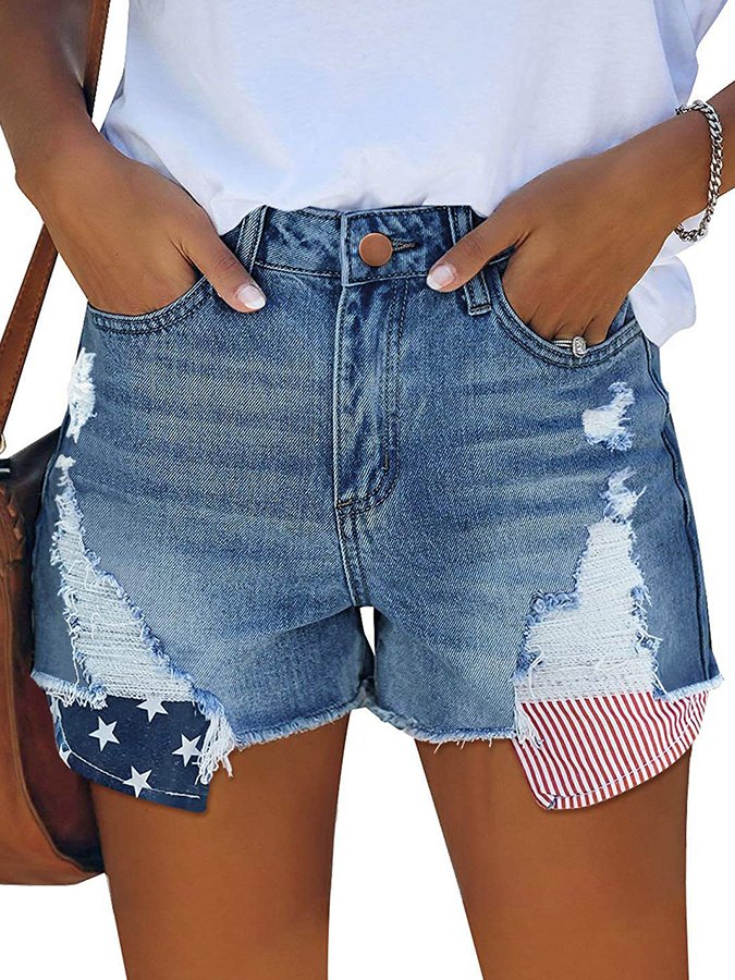 Women's Independence Day Shredded Pocket Denim Shorts