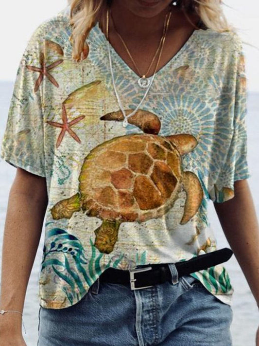 Women's Sea Turtle Print Casual V-Neck T-Shirt