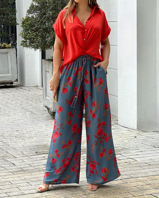 Short Sleeve Button Top Drawstring Print Pants Two Piece Set