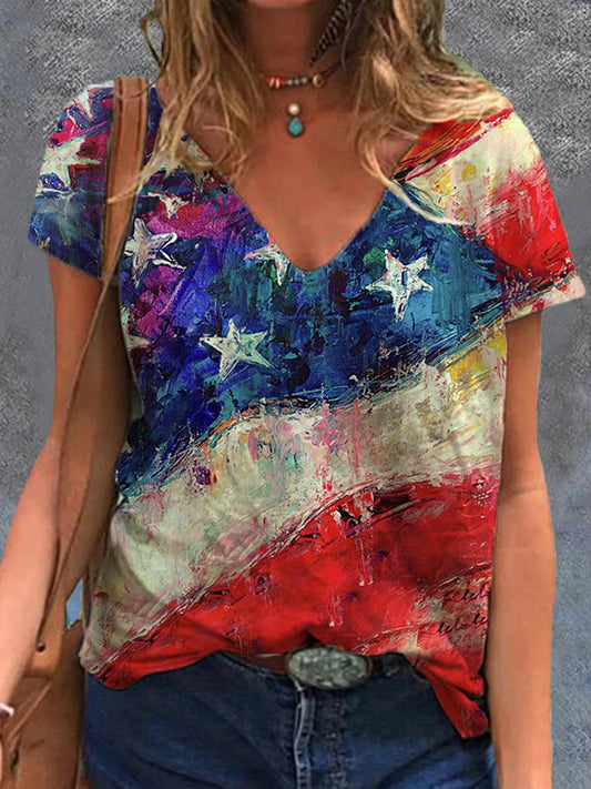 Women's Independence Day Oil Painting Flag Print V-Neck Tee