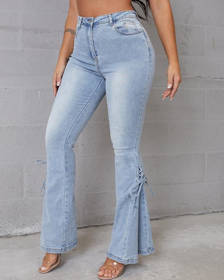 Plus Lace Up Side Pleated Flare Jeans