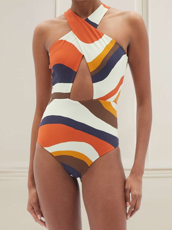 Fashion Colorblock Print One-Piece Swimsuit Set