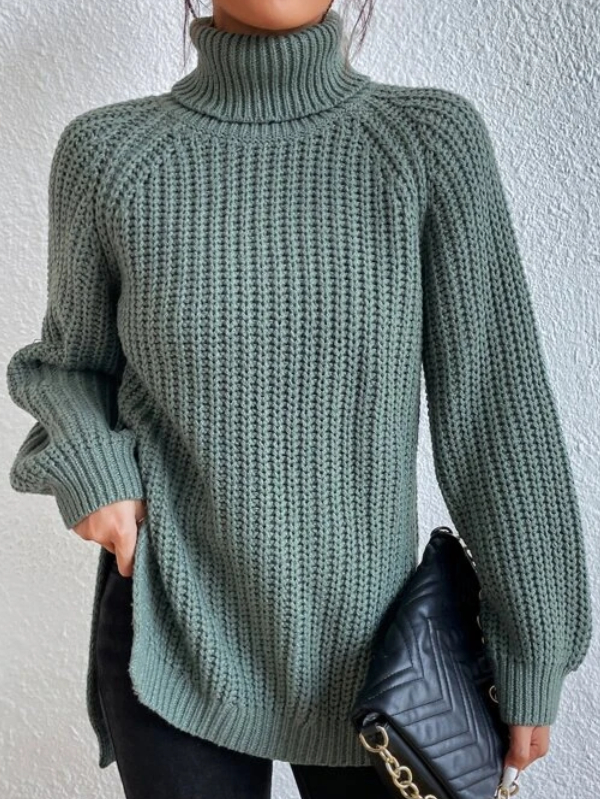 Cotton Turtleneck Raglan Sleeve Split Hem Sweater