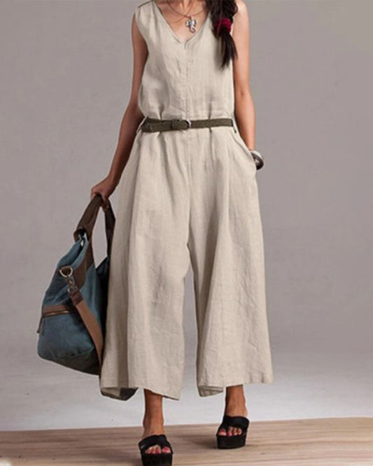 Women's Sleeveless V-Neck Cotton Linen Jumpsuit