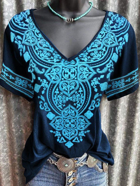 V-Neck Ethnic Floral Print T-Shirt