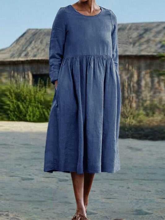 Solid Color Crew Neck Cotton Linen Dress