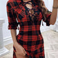 Plaid Lace-up Cut-out V-neck Side Split Dress