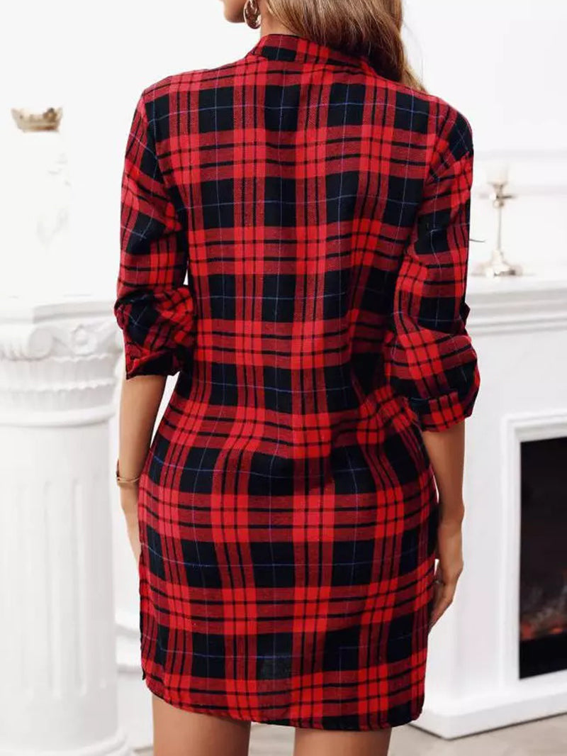 Plaid Lace-up Cut-out V-neck Side Split Dress