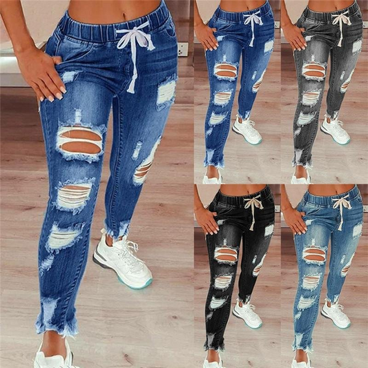 Women Ripped Hole Stretch Slim Pencil Jeans