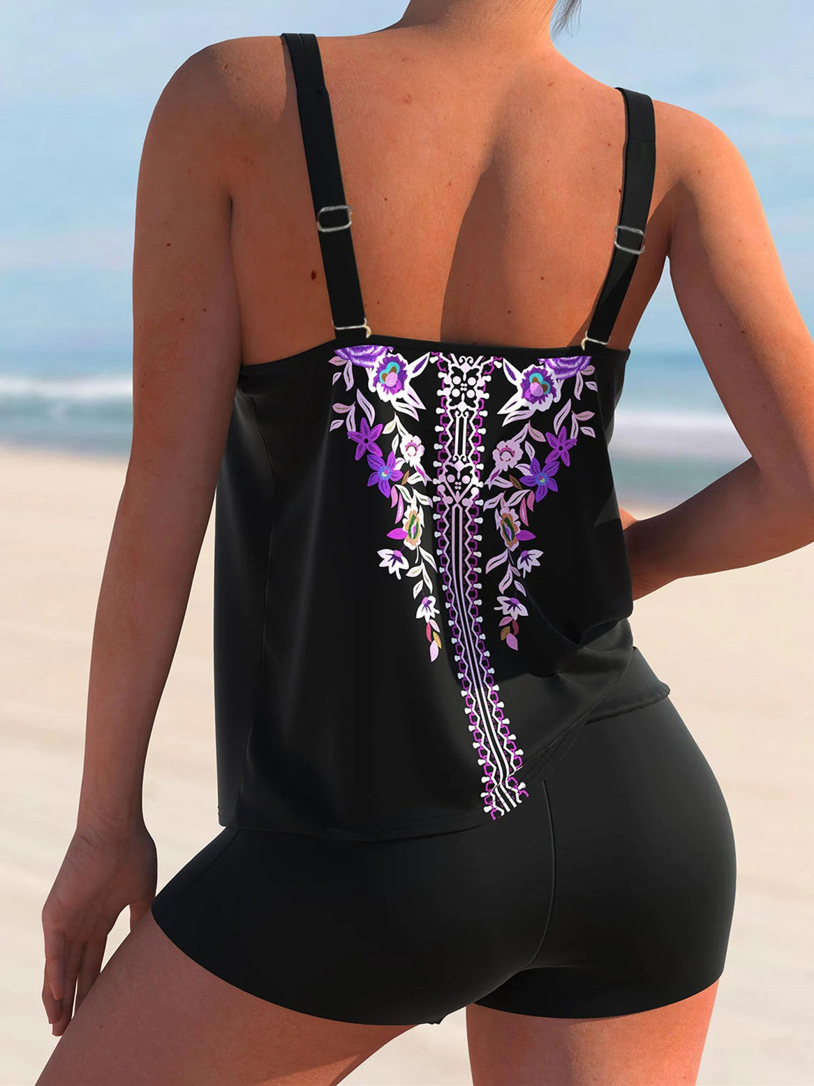 Multi Color Tribal Print Double Straps Tankini Set