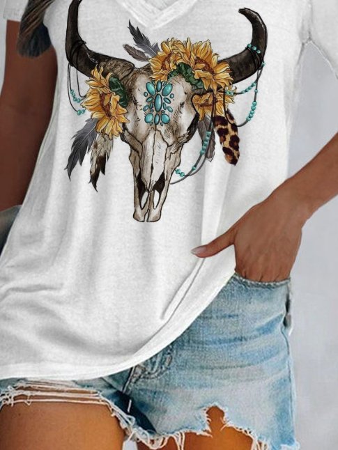 V-Neck Western Vintage Print T-Shirt