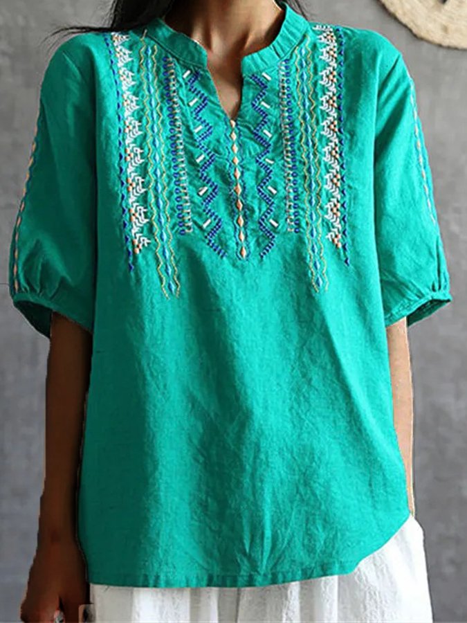 Women's Vintage Embroidery Cotton Linen Short Sleeves