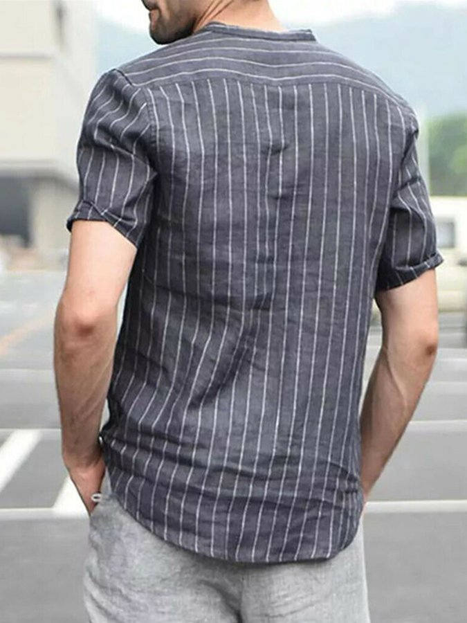 Men's Cotton Linen Striped Casual Stand Collar Pullover Shirt