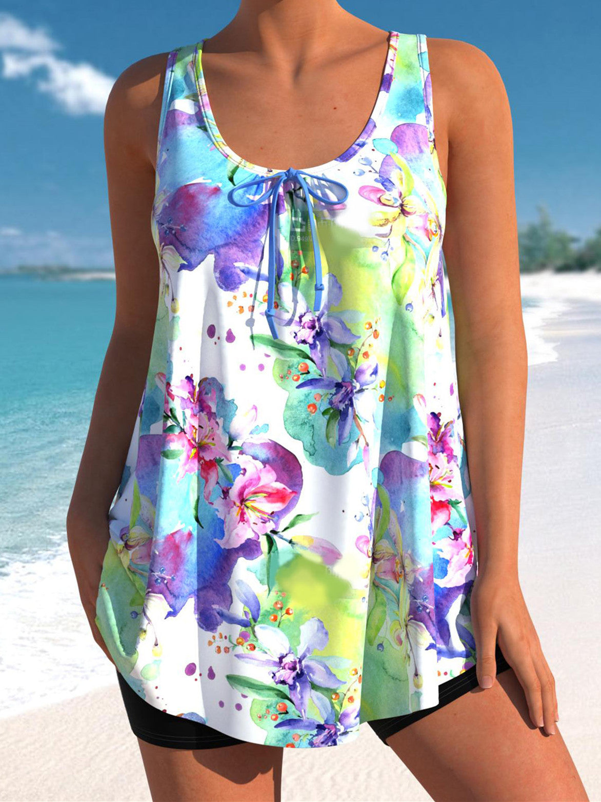 Bowknot Floral Print Wide Strap Tankini Top Set