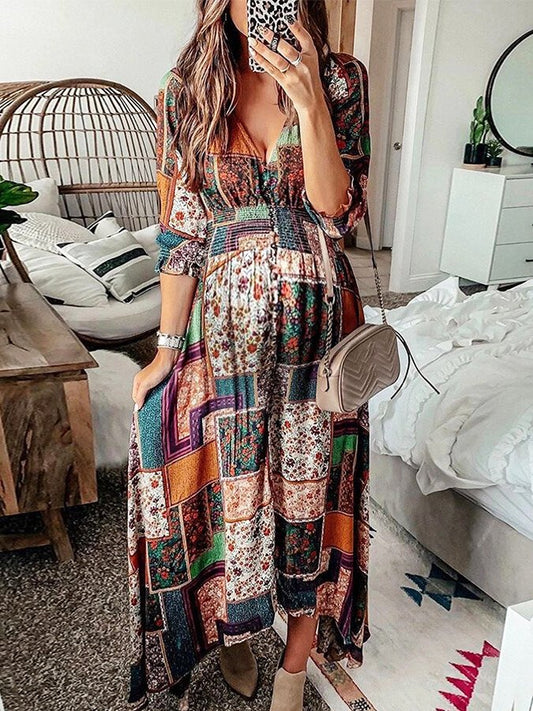 Women's Vintage Bohemian V-neck Printed V-Neck Long Sleeve Dress