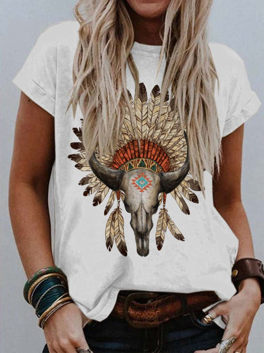 Vintage Feather Print Short Sleeve T-Shirt