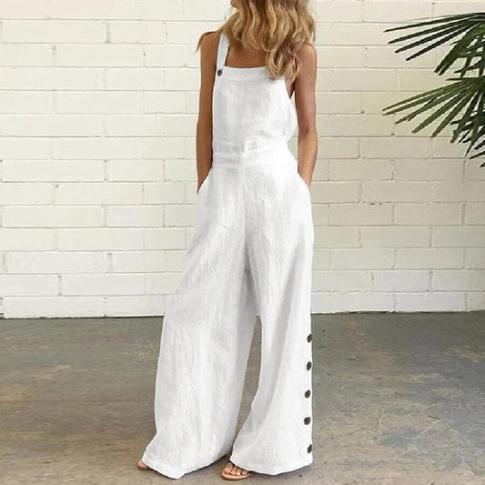 Women Cotton Sleeveless Vintage Wide-Leg Jumpsuit With Side Pockets