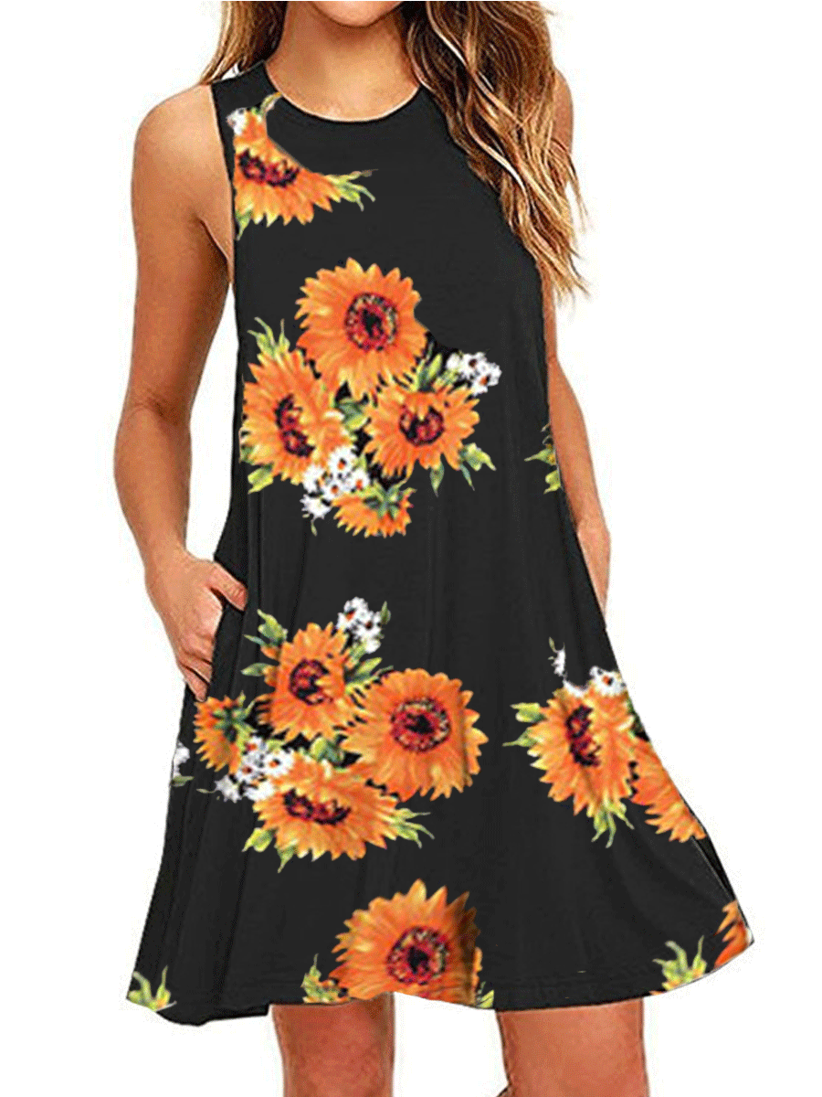 Sunflower Print Sleeveless Dress