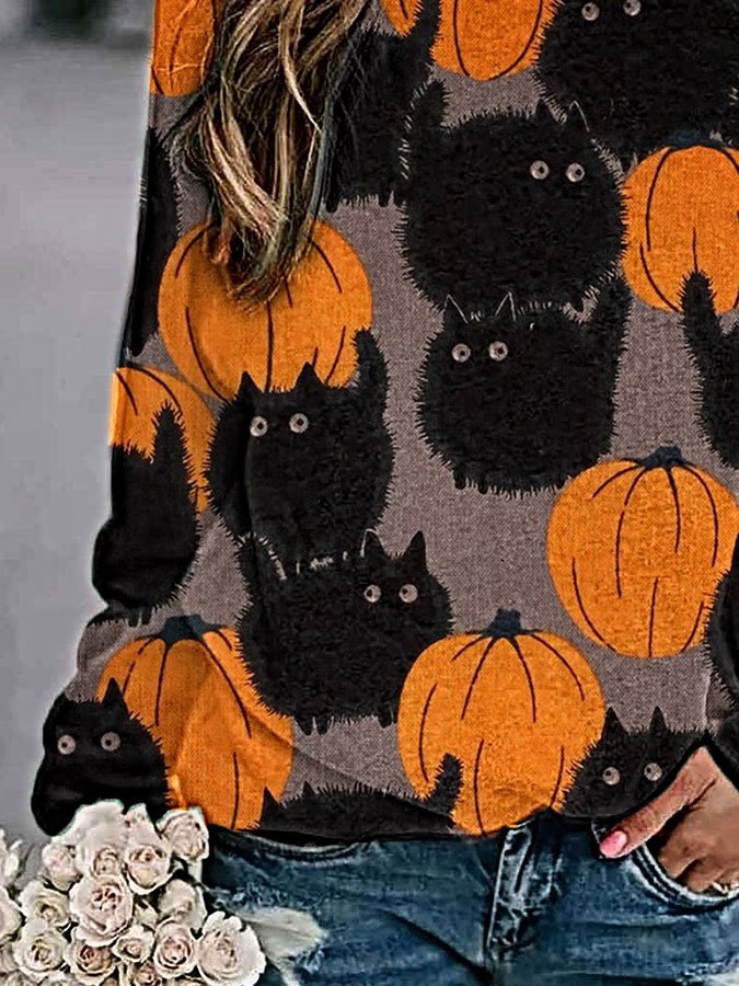 Pumpkin Black Cat Print Sweatshirt