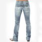White Barbwire Embroidery Washed Stretch Hip Hugger Bootcut Jeans