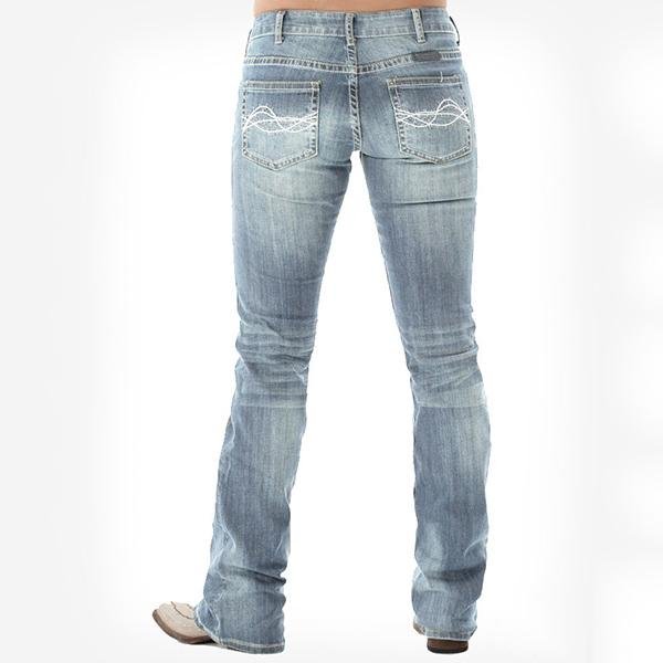 White Barbwire Embroidery Washed Stretch Hip Hugger Bootcut Jeans