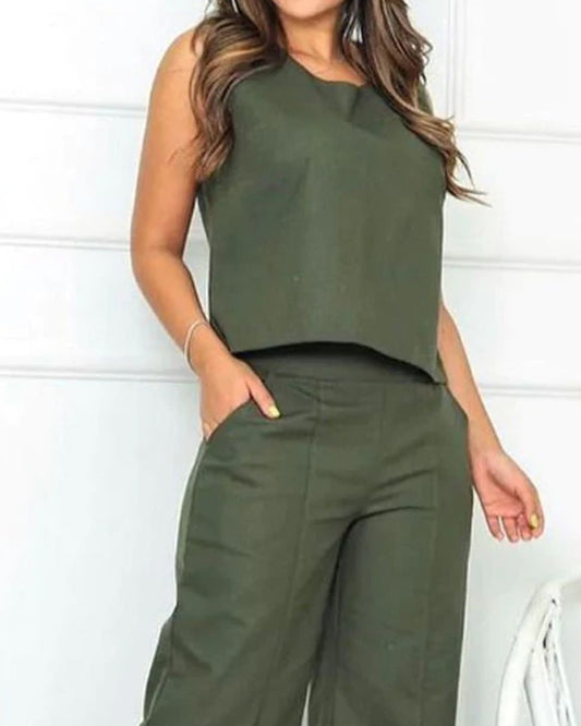 Casual Sleeveless Tank Top & Slit Pants Two-Piece Set