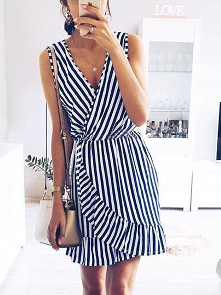 V-Neck Sleeveless Stripe Mini Dress