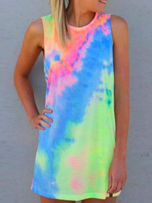 Tie Dye Round Neck Rainbow Shift Mini Dress