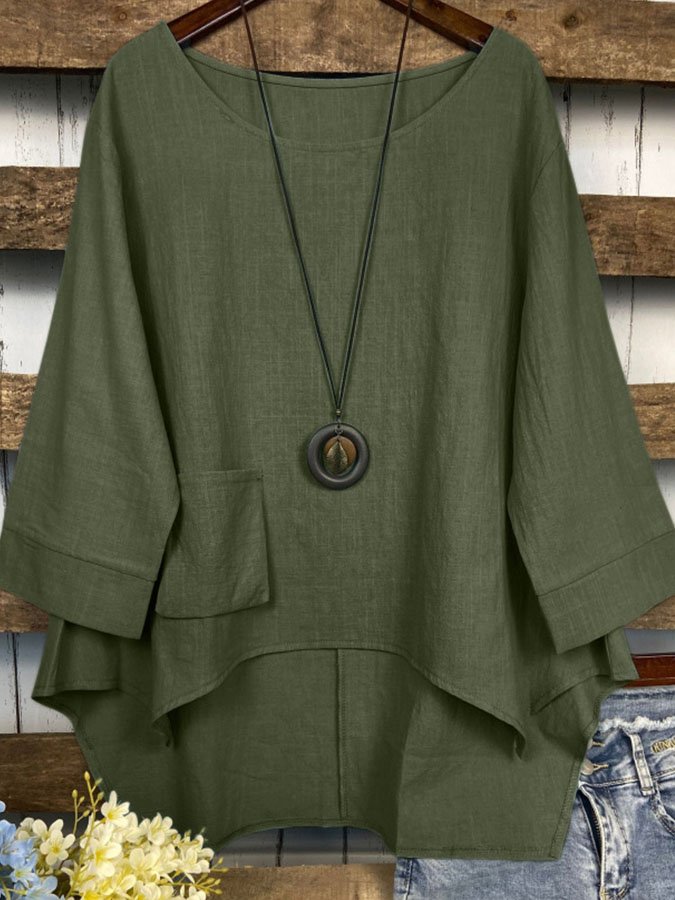 Vintage Round Neck Casual Cotton And Linen Top