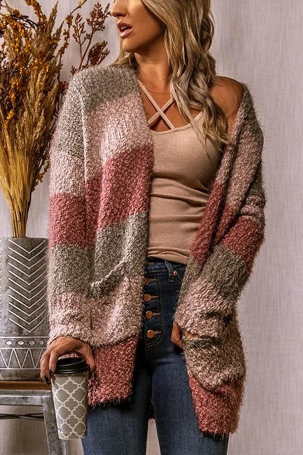 Color-block Striped Jacquard Open Front Fuzzy Paneled Pockets Cardigan