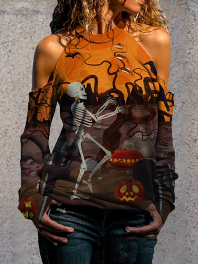Halloween Off-The-Shoulder Print Shirt