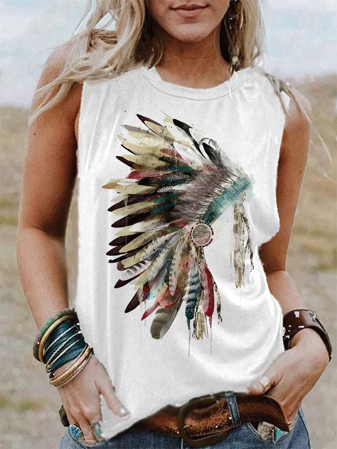 Western Feather Print Loose Tank Top