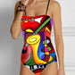 Fashion V-Neck Floral Oil Painting Print One Piece Swimsuit Set