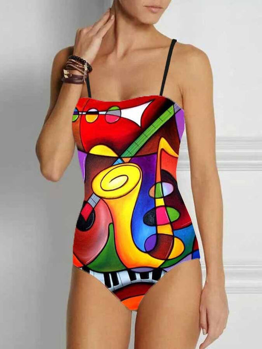 Fashion V-Neck Floral Oil Painting Print One Piece Swimsuit Set