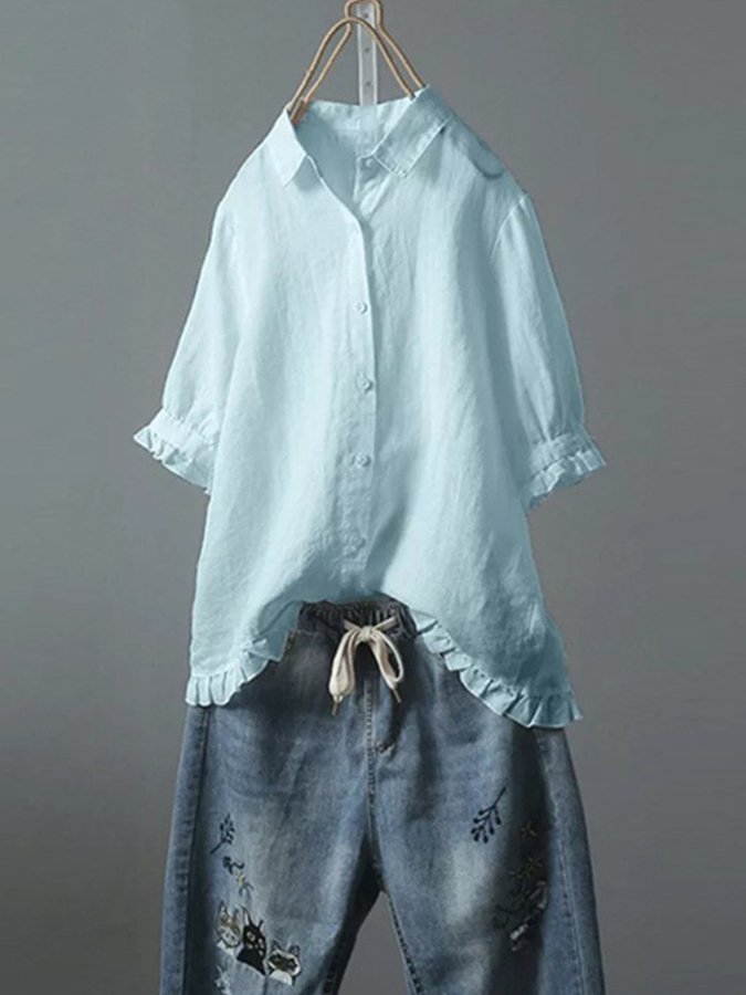 Women's Single Breasted Ruffle Cotton Linen Short Sleeved Shirt