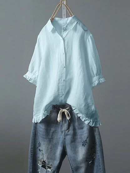 Women's Single Breasted Ruffle Cotton Linen Short Sleeved Shirt