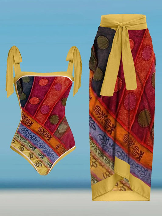 Vintage Colorblock Print One-Piece Swimsuit