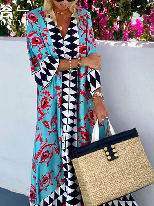 Fashion Printed Long Sleeve Ethnic Holiday Dress