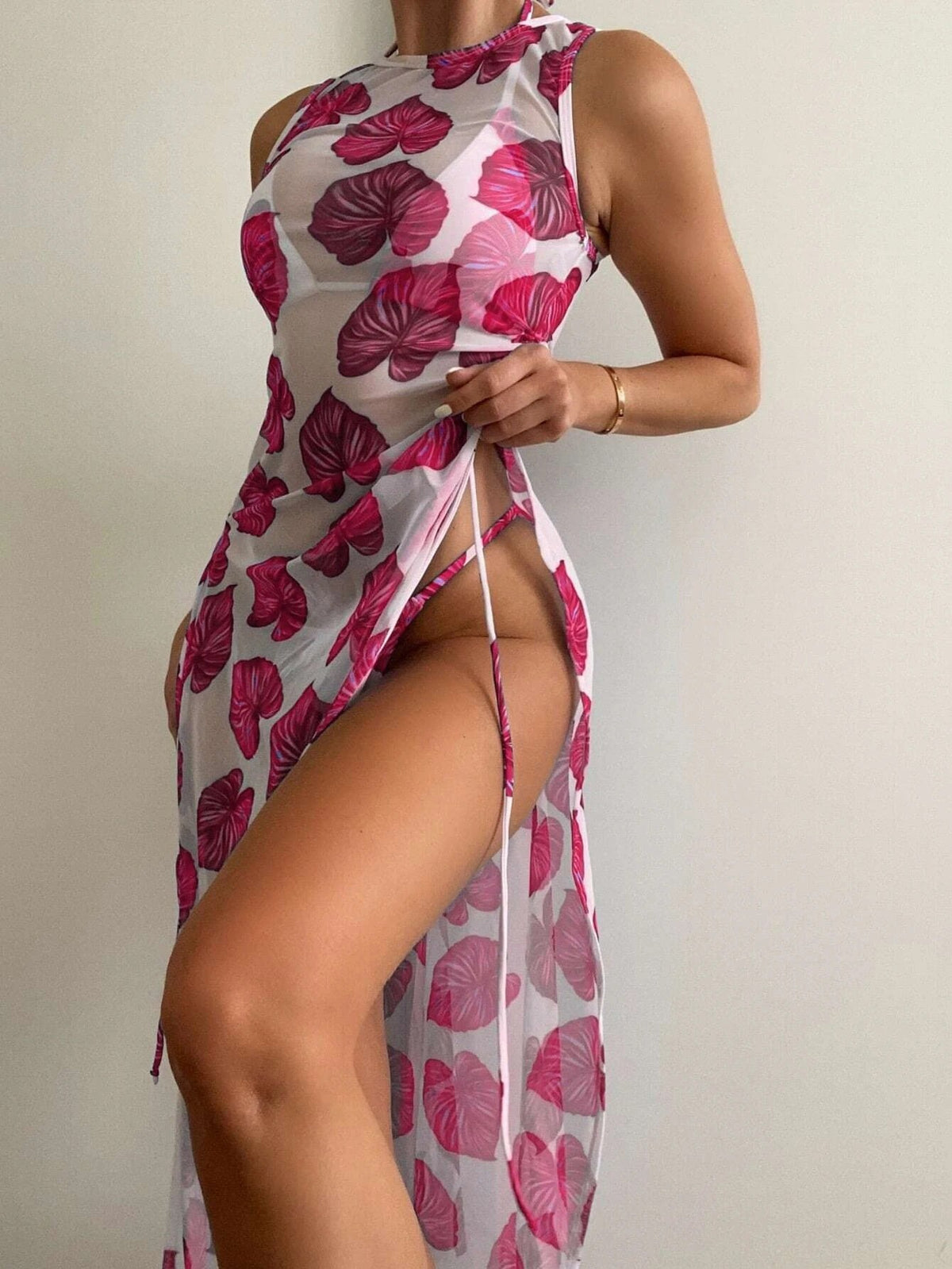 Women's Hawaiian Leaf Mesh Bikini Three-Piece Set