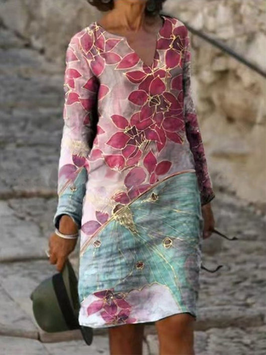 V-Neck Floral Print Casual Long Sleeve Dress