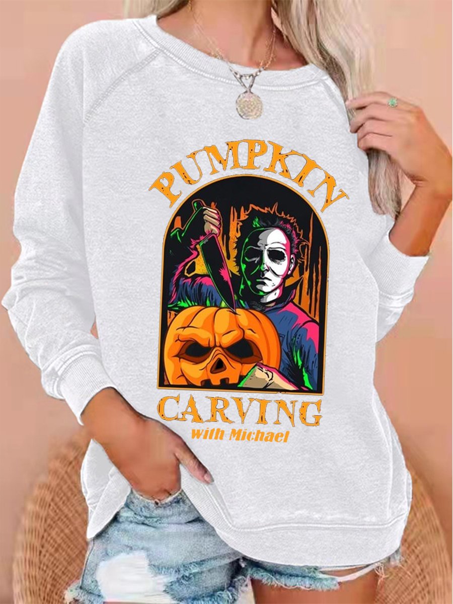 Women's Halloween Pumpkin Carving With Michael Print Top