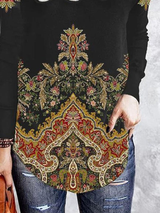 Vintage Ethnic Floral Print Long Sleeve T-Shirt