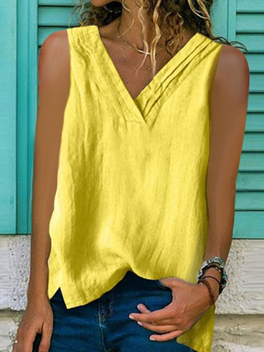 Ladies Cotton Linen V-Neck Hem Bifurcated Sleeveless Shirt