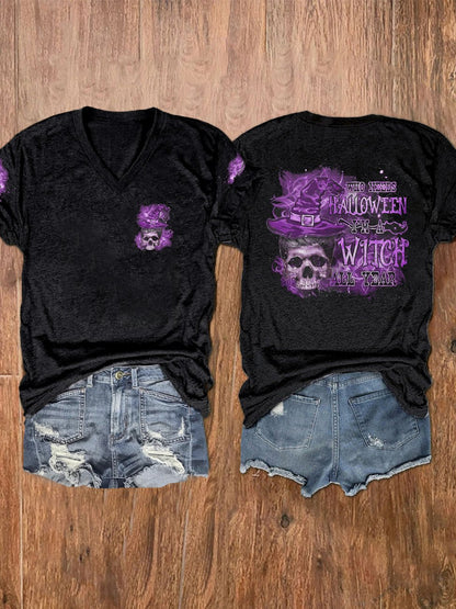 Women&#039;s Who Needs Halloween I’m A Witch Skull Print V-Neck T-Shirt