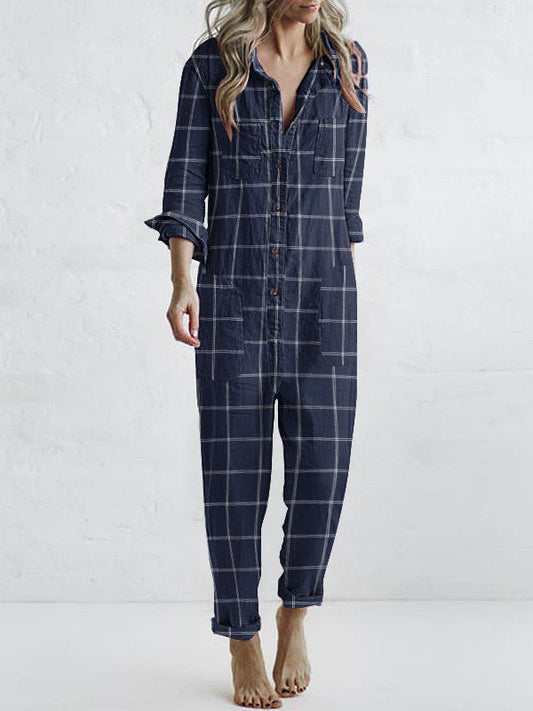 Women's dressing plaid solid color single-breasted shirt jumpsuit