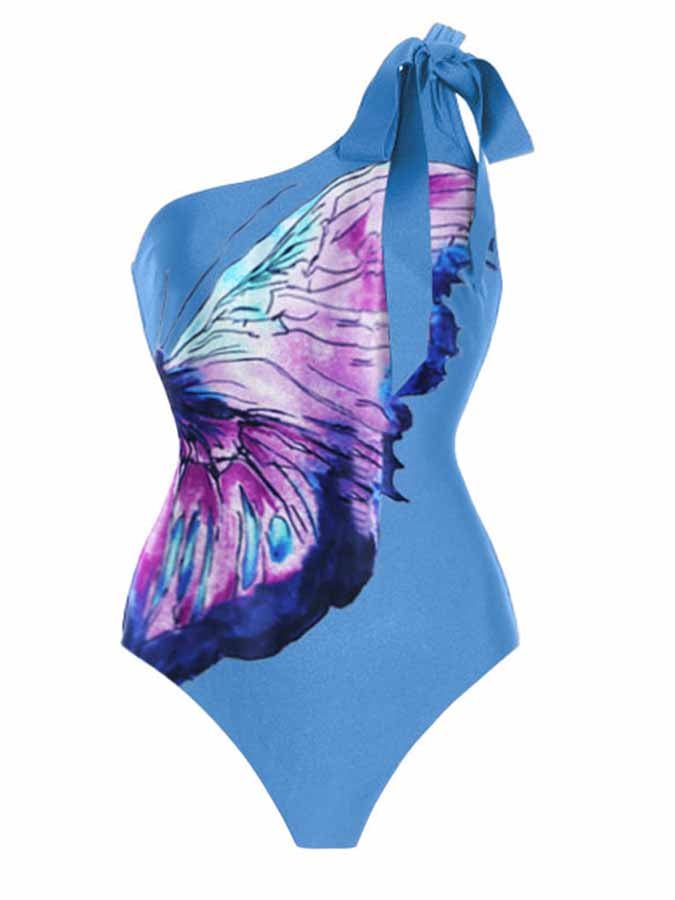 One-Shoulder Butterfly Print One-Piece Swimsuit And Cover-Up