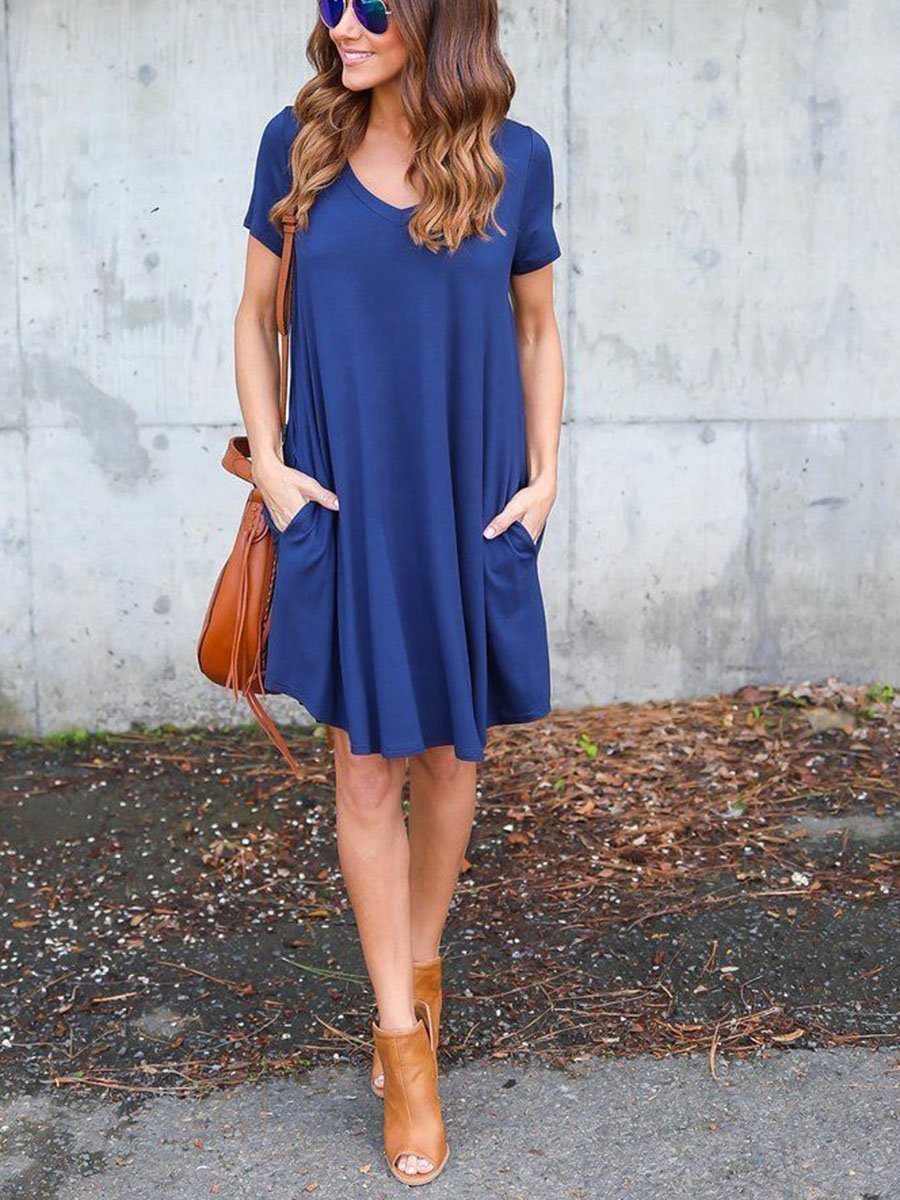 V-Neck Solid Color Dress