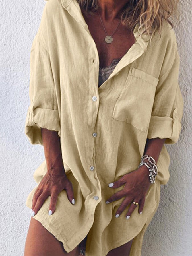 Ladies Cotton Linen Casual Loose Pocket Shirt